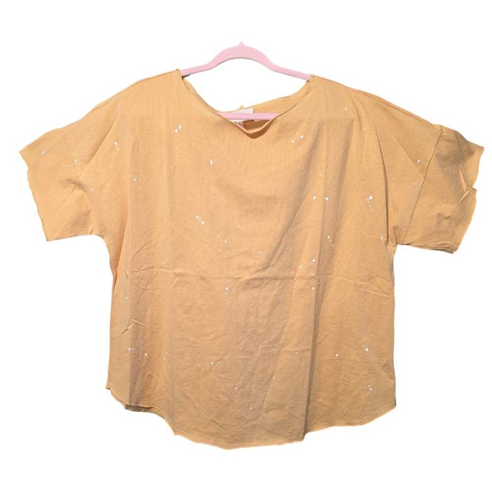 Med: Peach Love California Mustard/Gold Paintsplatter Distressed Oversized Tee